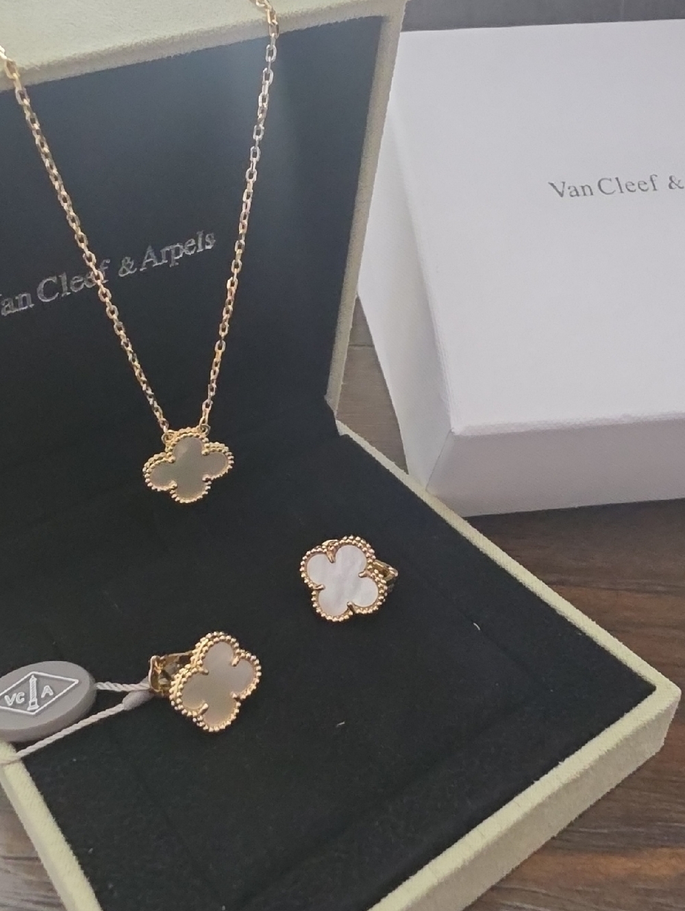 Van Cleef & Arpels White Mother-of-Pearl Clover Necklace and Earrings in Gold